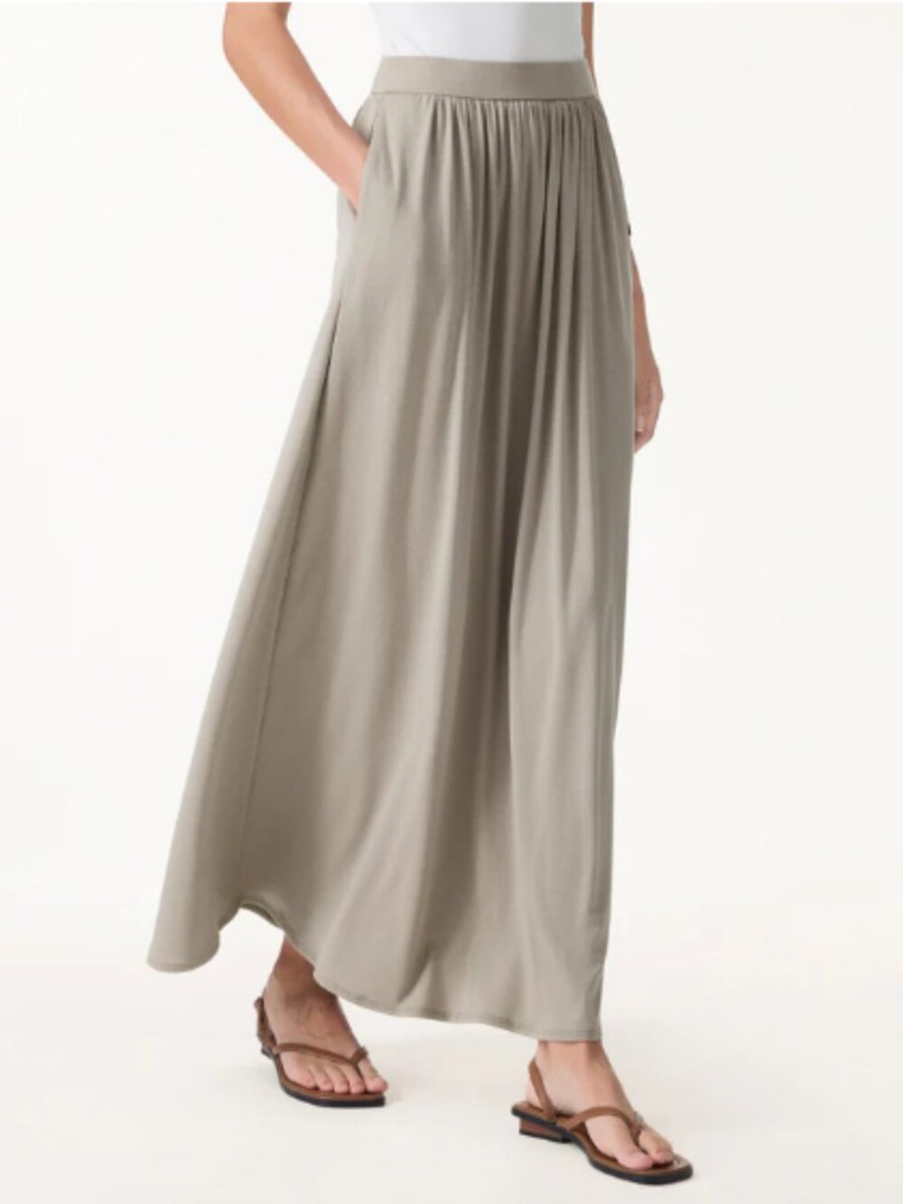 OGL Soft Linen Knit Gathered A-Line Maxi Skirt with Pockets